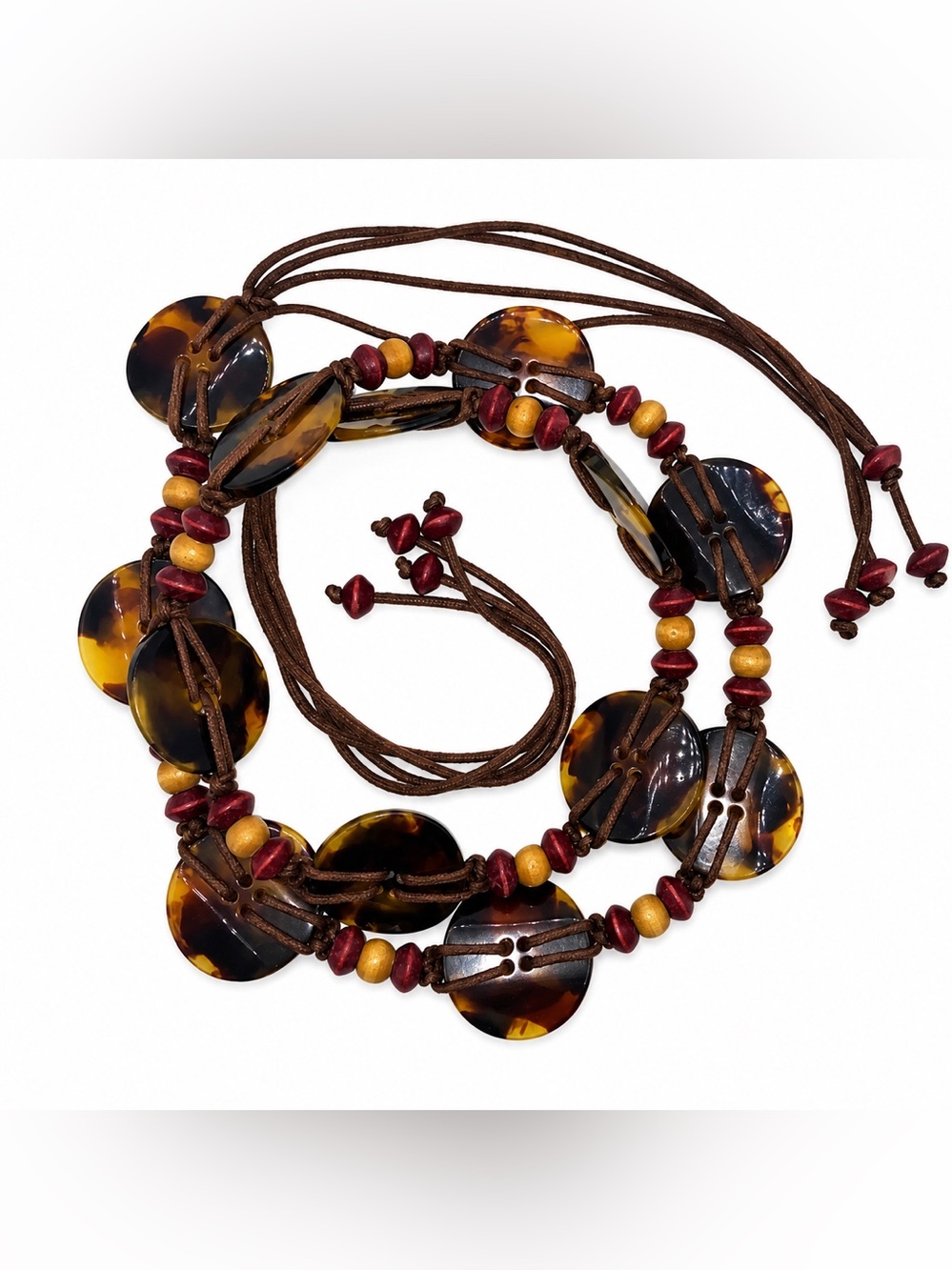 Boho Tortoise & Wood Bead Corded Tie Belt 39” at smallest, unbranded